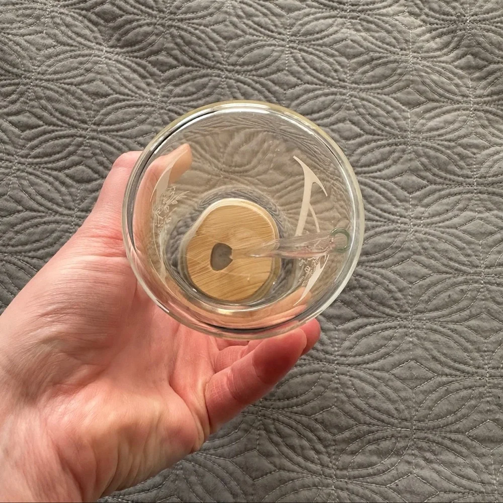 “A” Initial Glass Cup with Wooden Lid and Glass Straw